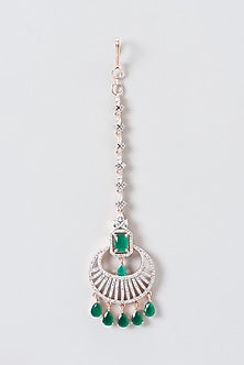 Rose Gold Finish Zircon & Green Stone Maangtikka