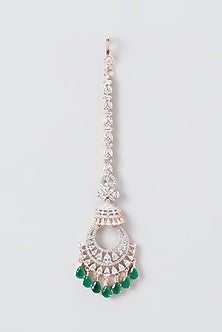 Rose Gold Finish Zircon & Green Stone Maangtikka