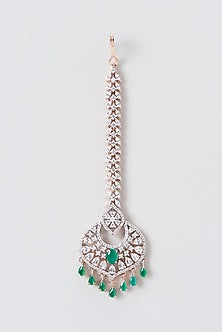 Rose Gold Finish Zircon & Green Stone Maangtikka