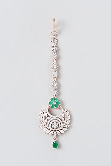 Rose Gold Finish Zircon & Green Stone Maang Tikka