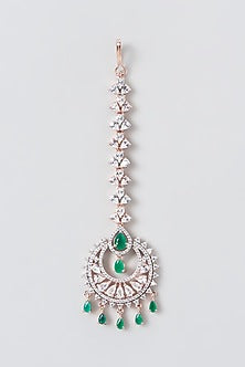 Rose Gold Finish Zircon & Green Stone Maang Tikka