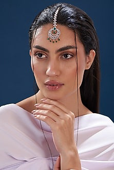 Rose Gold Finish Zircon & Green Stone Maang Tikka