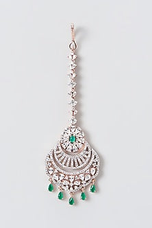 Rose Gold Finish Zircon & Green Stone Maang Tikka