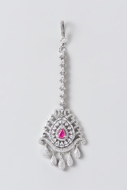 White Finish Faux Diamond & Red Stone Maang Tikka