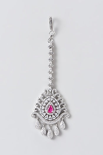 White Finish Faux Diamond & Red Stone Maang Tikka