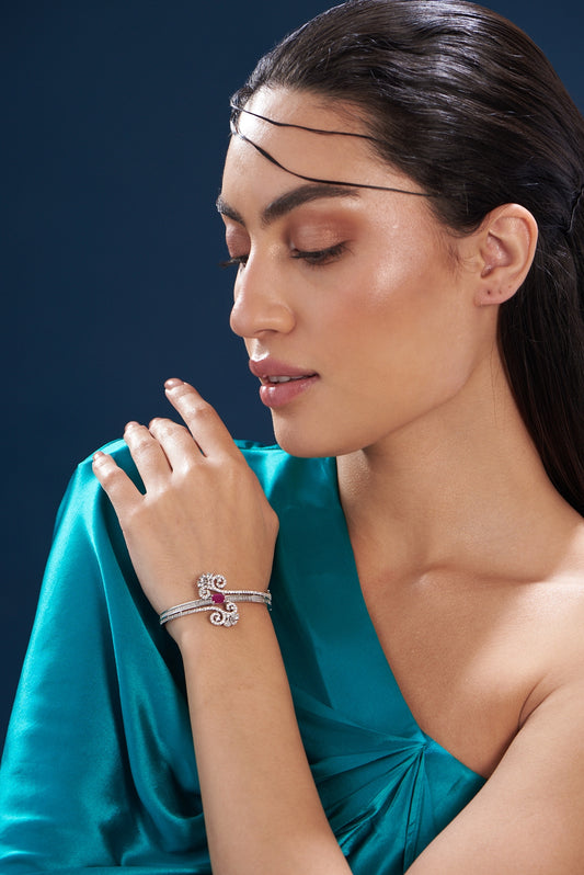 White Finish Zircon & Red Stone Bracelet