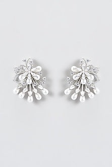 White Finish Zircon & Pearl Stud Earrings