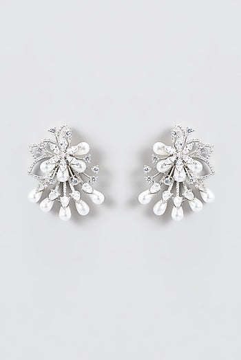 White Finish Zircon & Pearl Stud Earrings