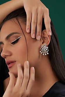 White Finish Zircon & Pearl Stud Earrings