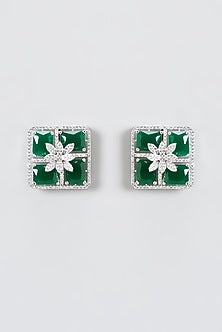 White Finish Zircon & Green Stone Stud Earrings