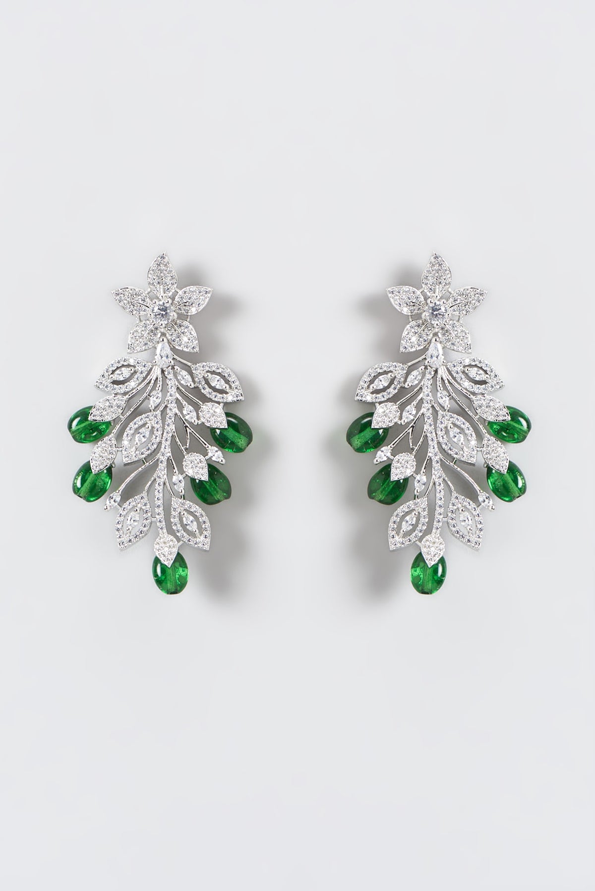 White Finish Zircon & Green Stone Dangler Earrings