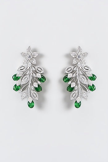White Finish Zircon & Green Stone Dangler Earrings