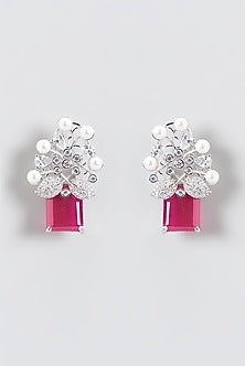White Finish Red Stone & Zircon Dangler Earrings