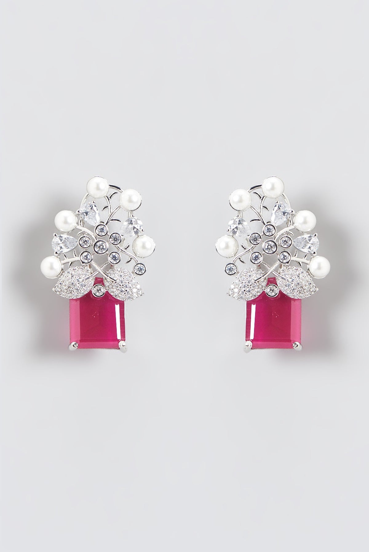 White Finish Red Stone & Zircon Dangler Earrings