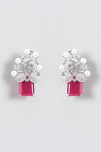 White Finish Red Stone & Zircon Dangler Earrings