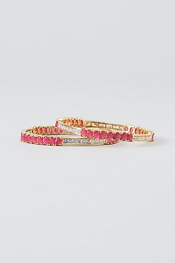 Gold Finish Red Zircon Bangles (Set Of 2)