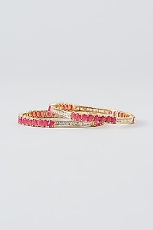 Gold Finish Red Zircon Bangles (Set Of 2)