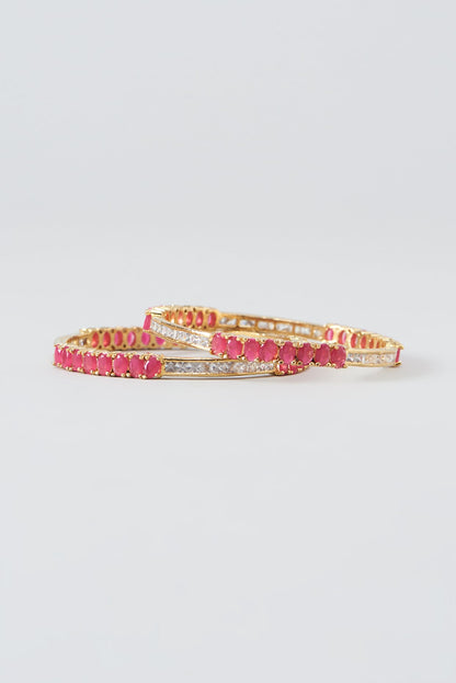 Gold Finish Red Zircon Bangles (Set Of 2)