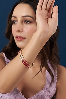 Gold Finish Red Zircon Bangles (Set Of 2)