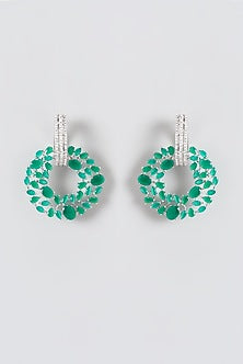 White Finish Green Stone & Zircon Dangler Earrings