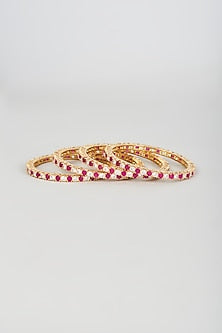Gold Finish Zircon & Red Stone Bangles (Set of 4)