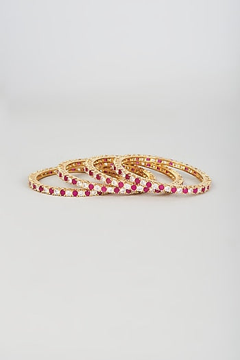 Gold Finish Zircon & Red Stone Bangles (Set of 4)