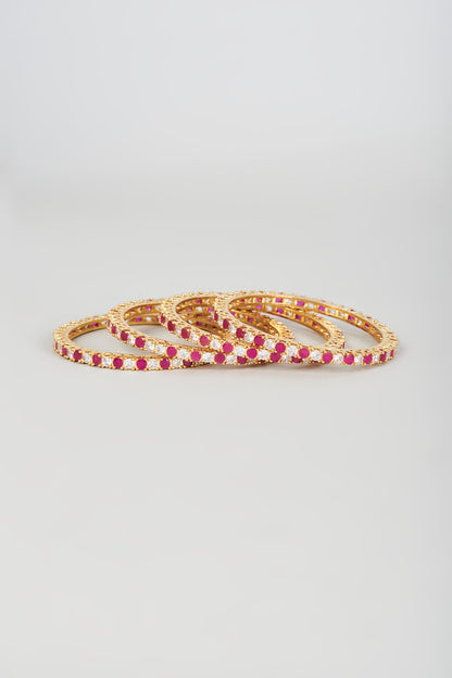 Gold Finish Zircon & Red Stone Bangles (Set of 4)