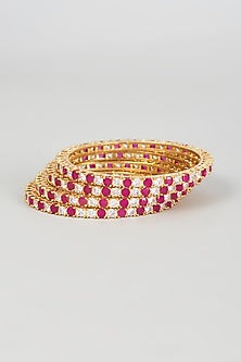 Gold Finish Zircon & Red Stone Bangles (Set of 4)