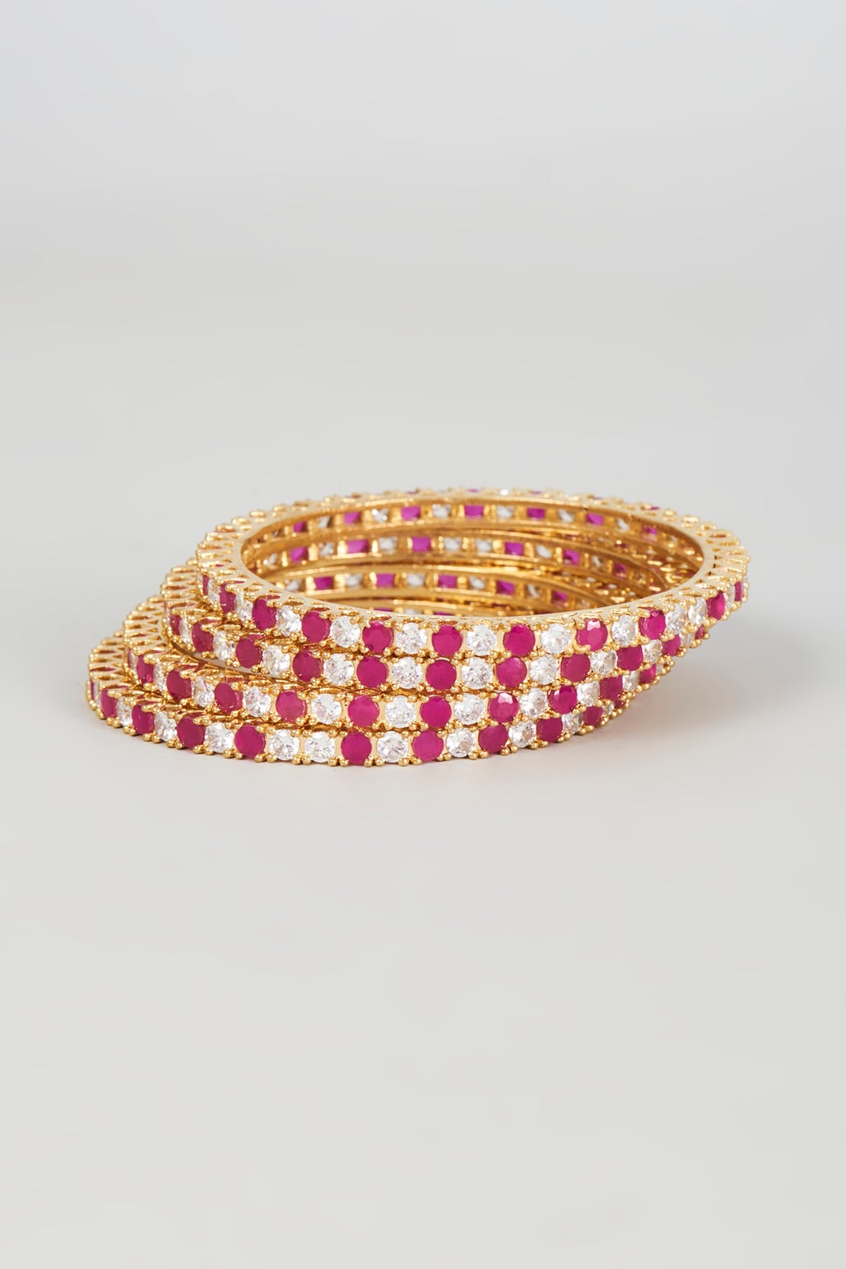 Gold Finish Zircon & Red Stone Bangles (Set of 4)