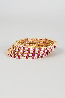 Gold Finish Zircon & Red Stone Bangles (Set of 4)