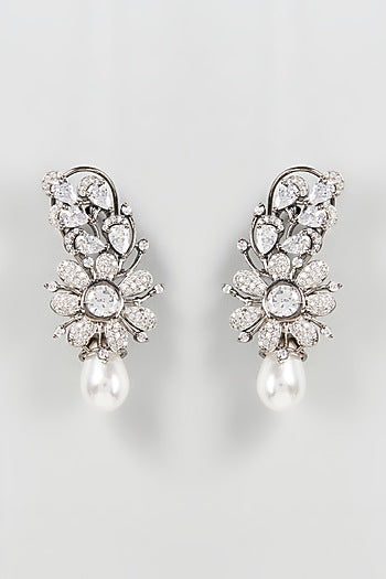 White Finish Zircon & Pearl Dangler Earrings