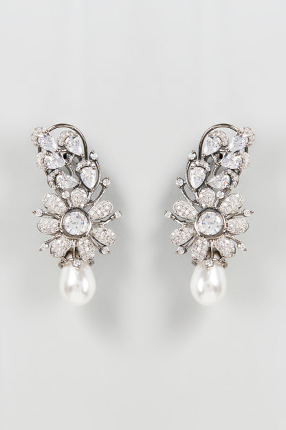White Finish Zircon & Pearl Dangler Earrings