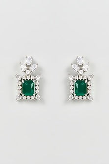 White Finish Zircon & Green Synthetic Stone Dangler Earrings