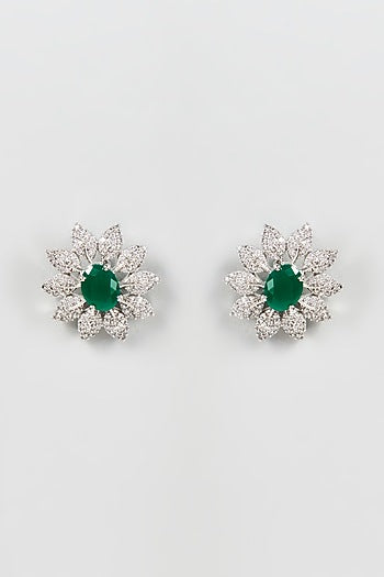 White Finish Zircon & Green Synthetic Stone Stud Earrings