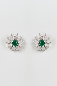White Finish Zircon & Green Synthetic Stone Stud Earrings