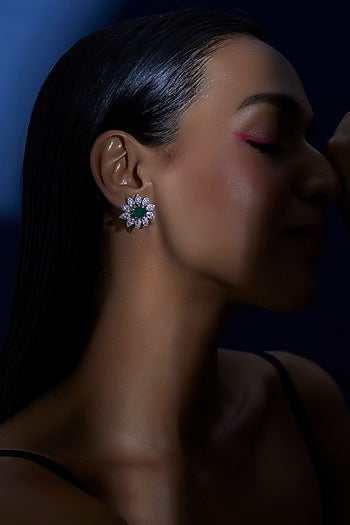 White Finish Zircon & Green Synthetic Stone Stud Earrings