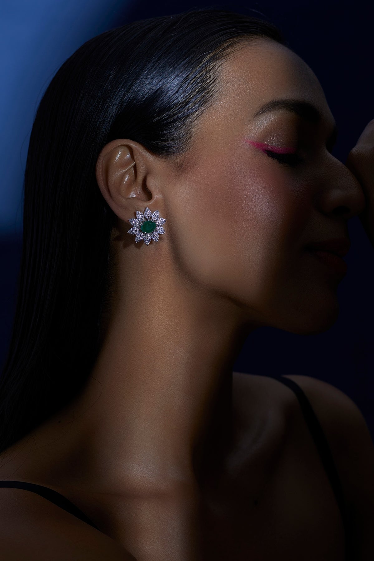 White Finish Zircon & Green Synthetic Stone Stud Earrings