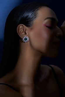 White Finish Zircon & Green Synthetic Stone Stud Earrings
