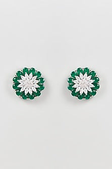 White Finish Zircon & Green Synthetic Stone Stud Earrings