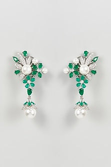 White Finish Zircon & Green Stone Dangler Earrings