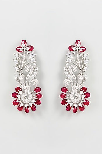 White Finish Zircon & Red Synthetic Stone Dangler Earrings