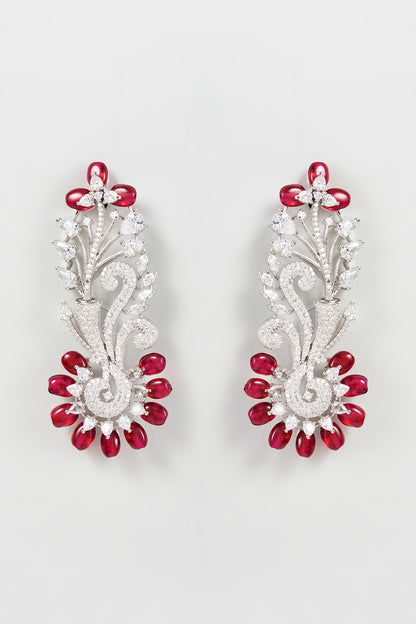 White Finish Zircon & Red Synthetic Stone Dangler Earrings