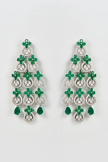 White Finish Zircon & Green Synthetic Stone Dangler Earrings