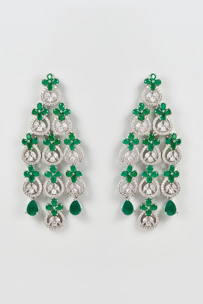 White Finish Zircon & Green Synthetic Stone Dangler Earrings