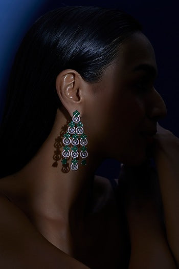 White Finish Zircon & Green Synthetic Stone Dangler Earrings