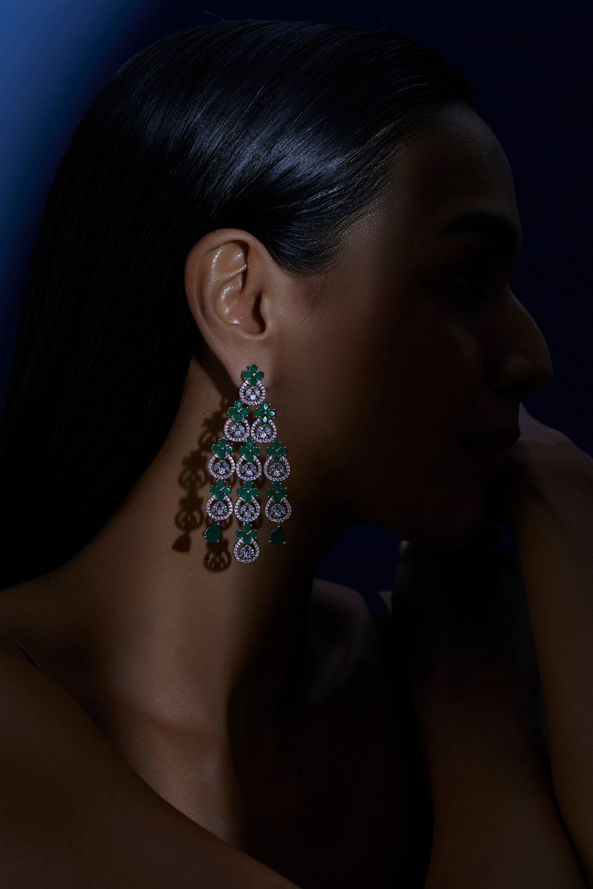 White Finish Zircon & Green Synthetic Stone Dangler Earrings