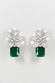 White Finish Zircon & Green Synthetic Stone Stud Earrings