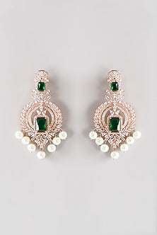 Rose Gold Finish Faux Diamond & Green Stone Dangler Earrings