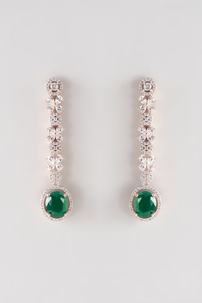Rose Gold Finish Faux Diamond & Green Stone Dangler Earrings