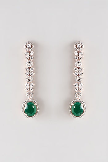 Rose Gold Finish Faux Diamond & Green Stone Dangler Earrings